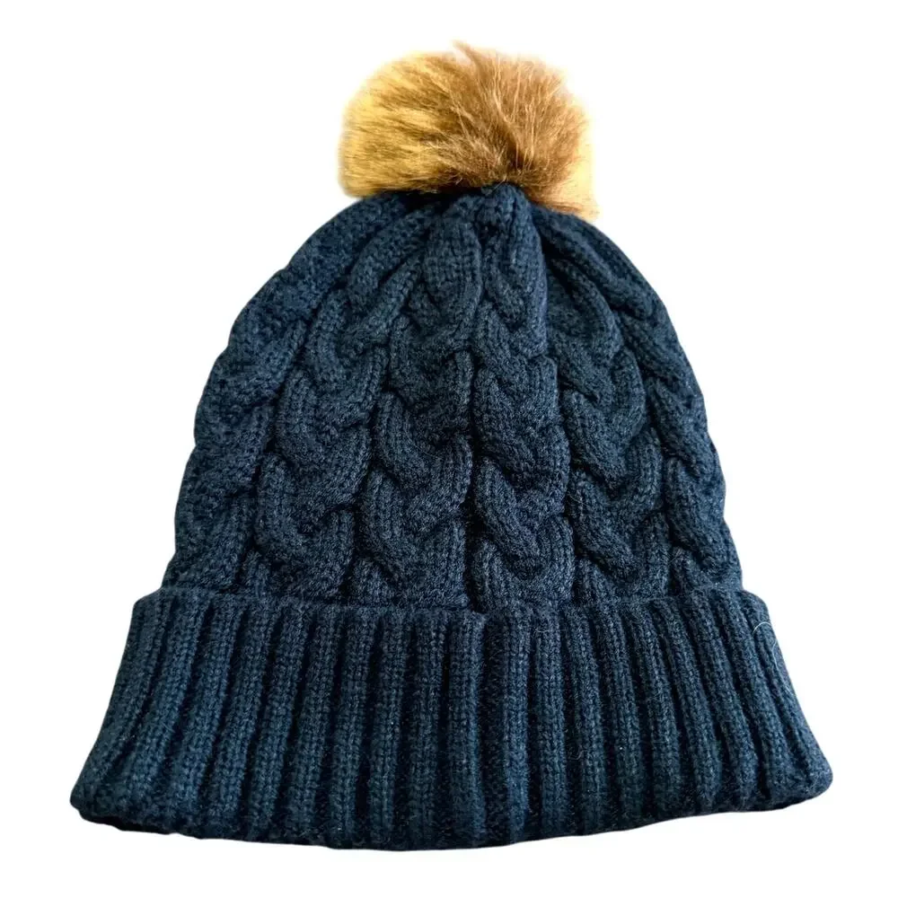 Winter Beanie Womens Cable Knit OS Navy Blue Pompom Faux Fur Hat